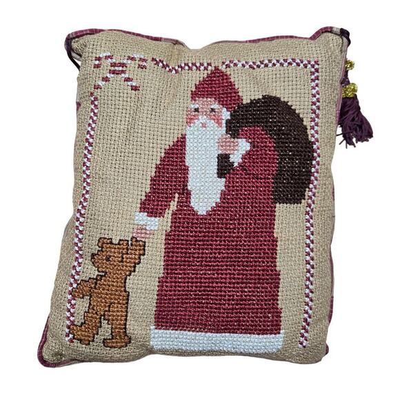 Prairie Schooler Santa 1994 CrossStitch Pillow Christmas Handmade Vintage - Picture 1 of 8
